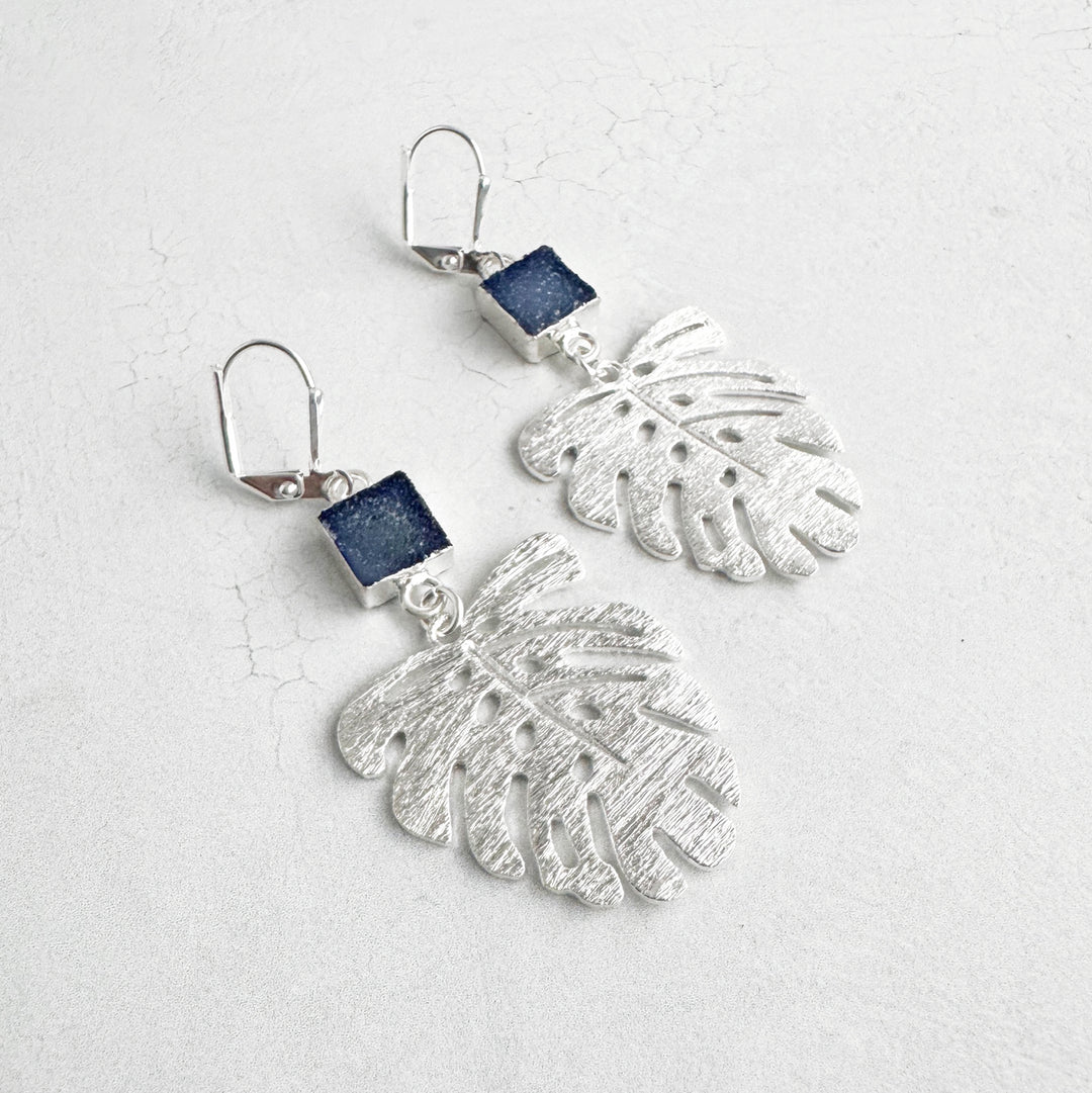 Indigo Blue Druzy and Monstera Earrings in Brushed Silver