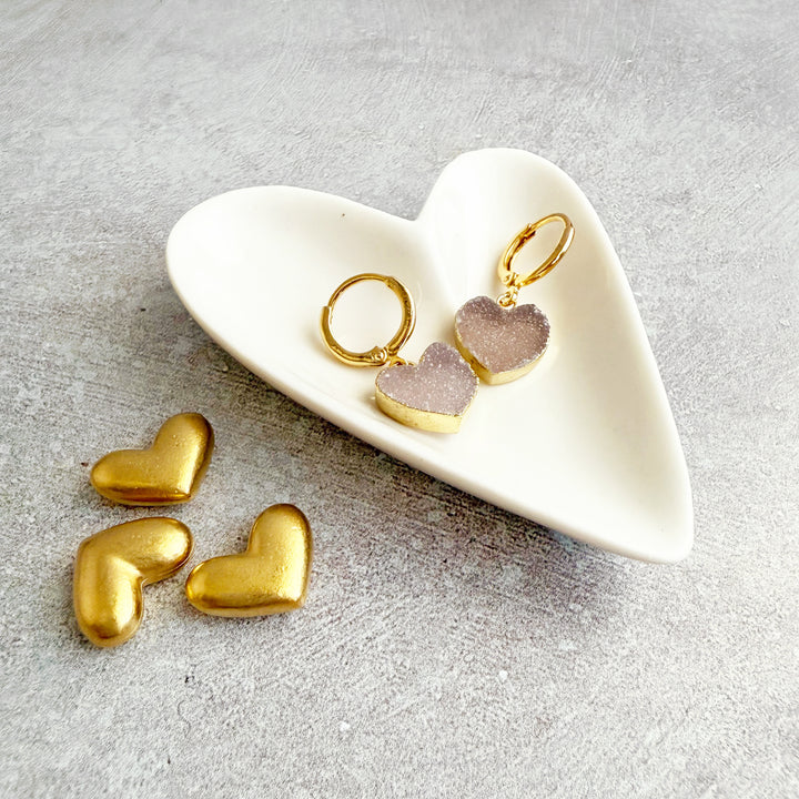 Pale Pink Druzy Heart Huggie Earrings in Gold