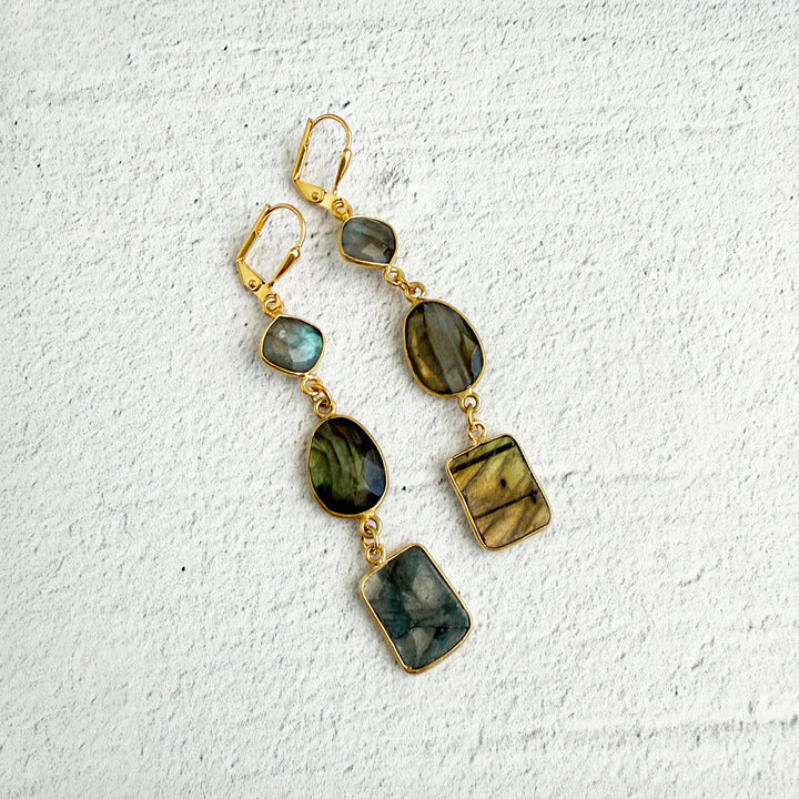 Long Freeform Labradorite Gemstone Drop Earrings in Gold
