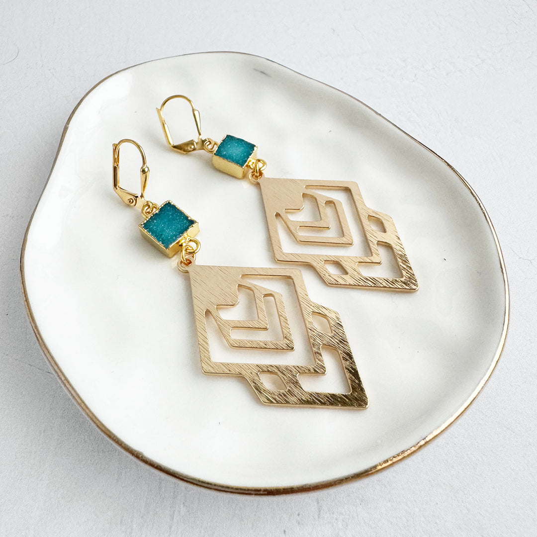 Teal Druzy Celtic Earrings in Brushed Gold