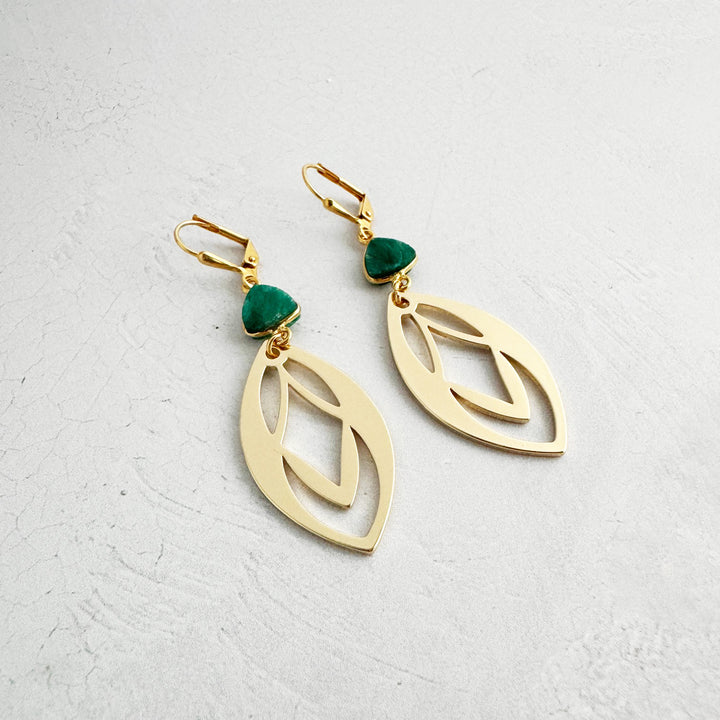 Emerald Mojave and Patterned Marquise Earrings in Brushed Brass