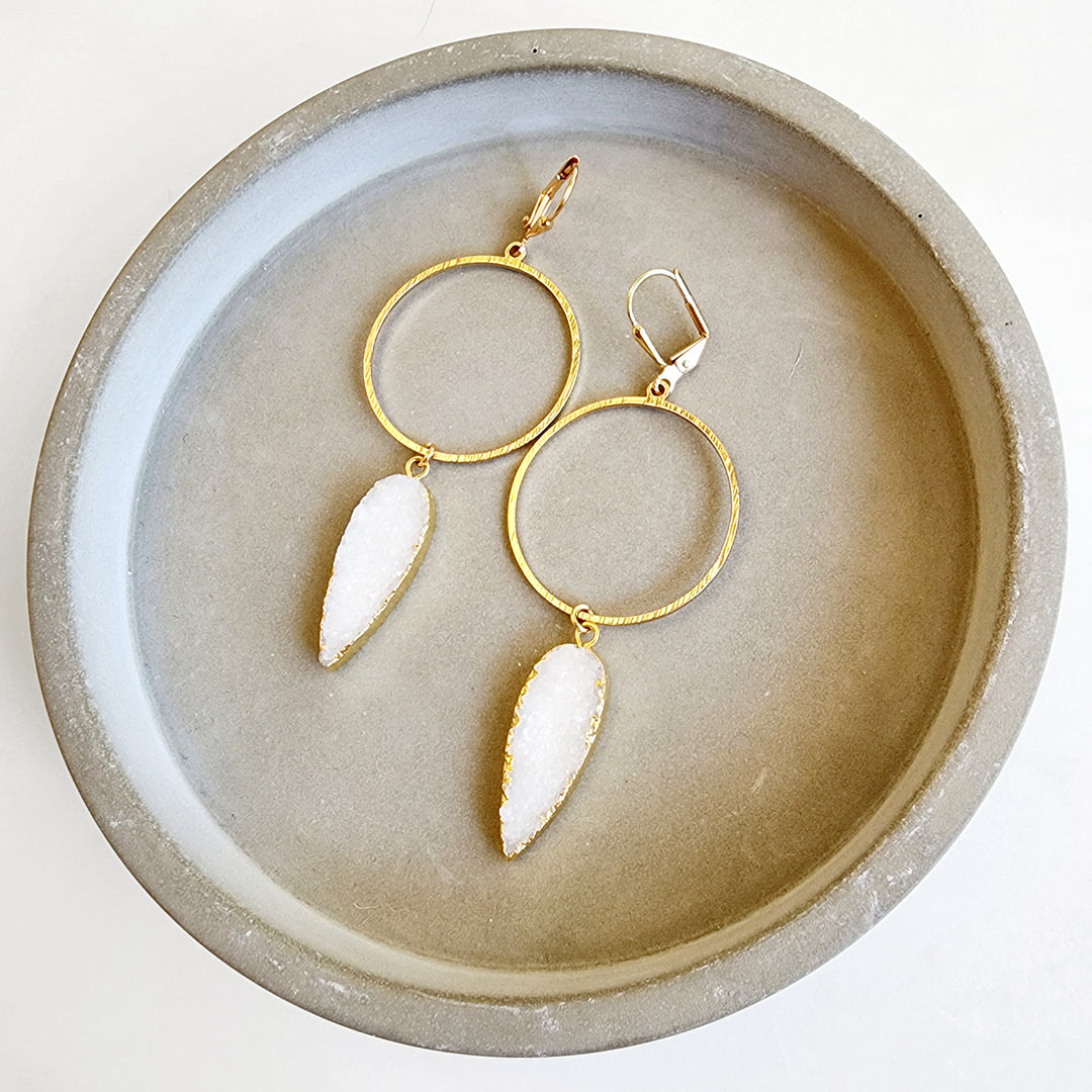 White Druzy Hoop Dangle Earrings in Gold