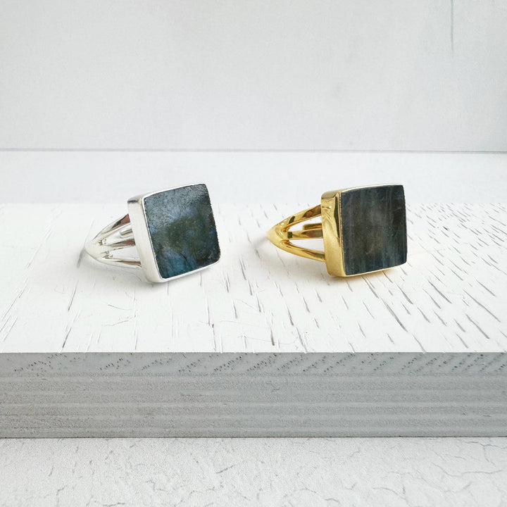 Labradorite Triple Band Ring in Gold and Silver