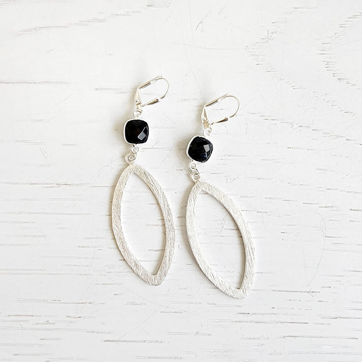 Black Onyx Marquise Statement Earrings in Brushed Silver