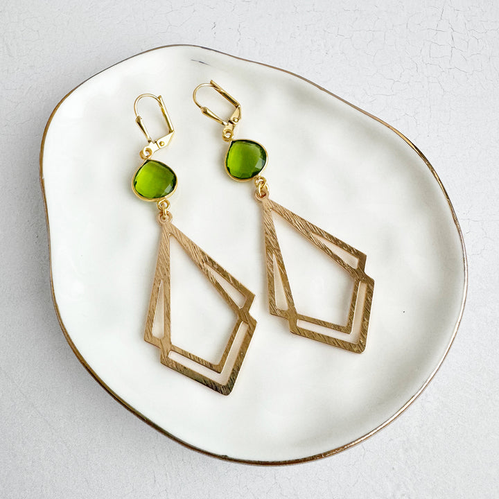 Olive Green Quartz Double Kite Earrings in Brushed Gold