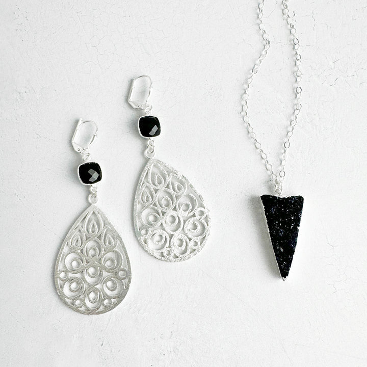 Black Stone Necklace and Earrings Set in Brushed Silver