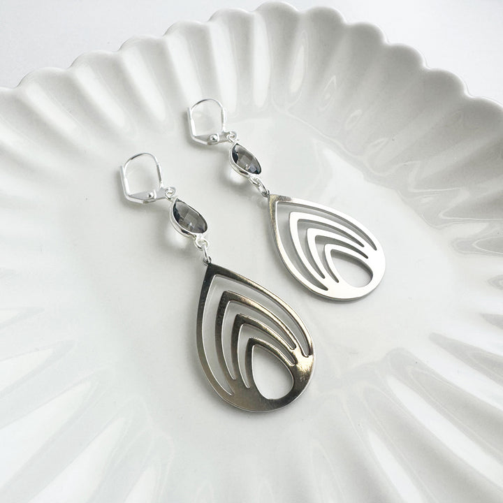 Lotus Teardrop Earrings with Smoky Quartz Stones