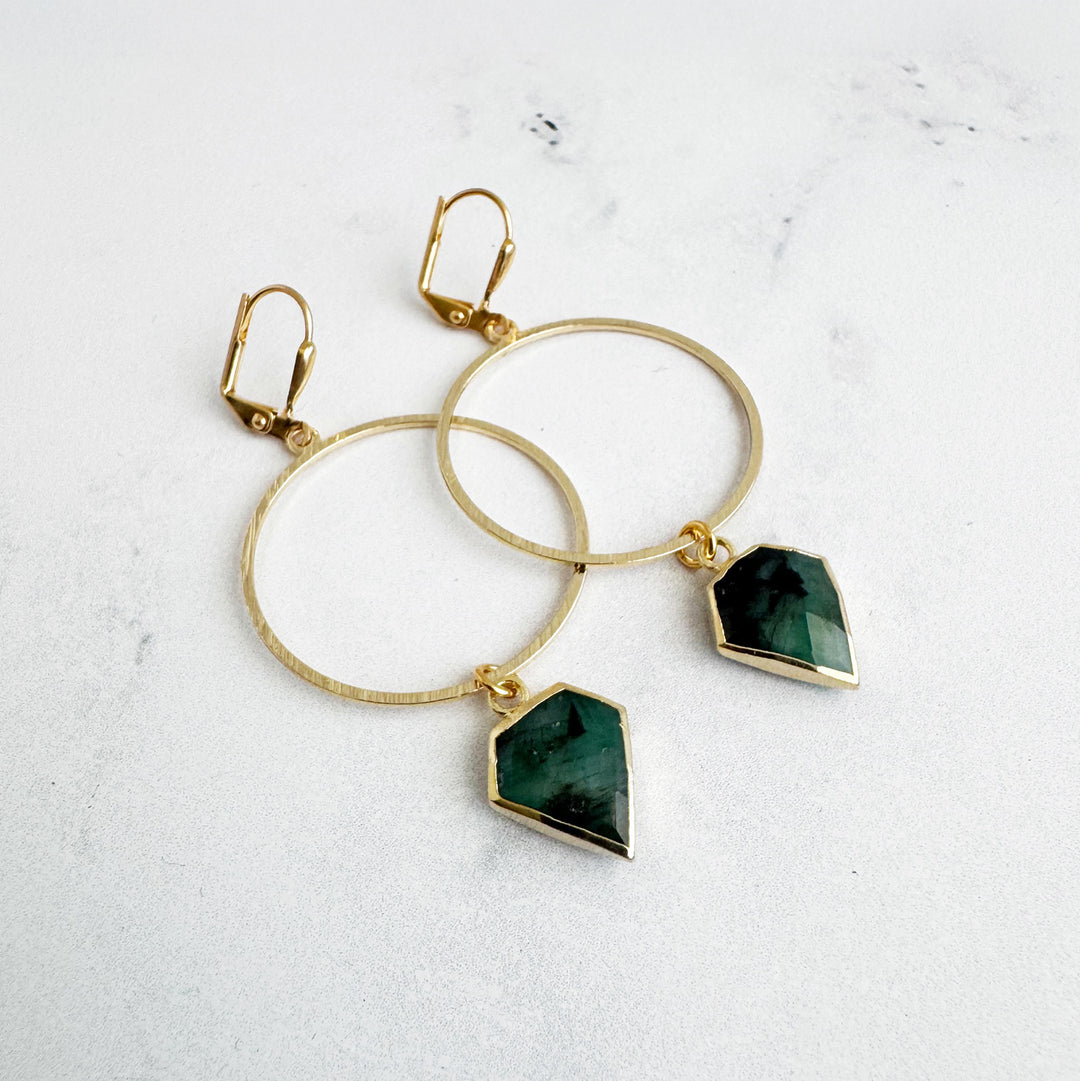 Emerald Shield Stone Hoop Earrings in Brushed Gold