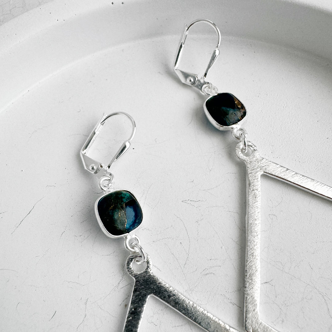 Teal Mojave Diamond Pendant Earrings in Brushed Silver