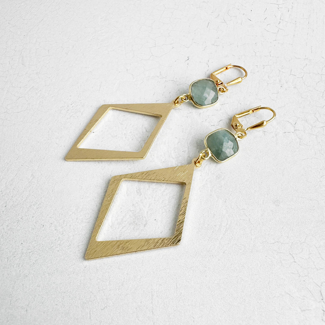 Aquamarine Diamond Pendant Earrings in Brushed Gold