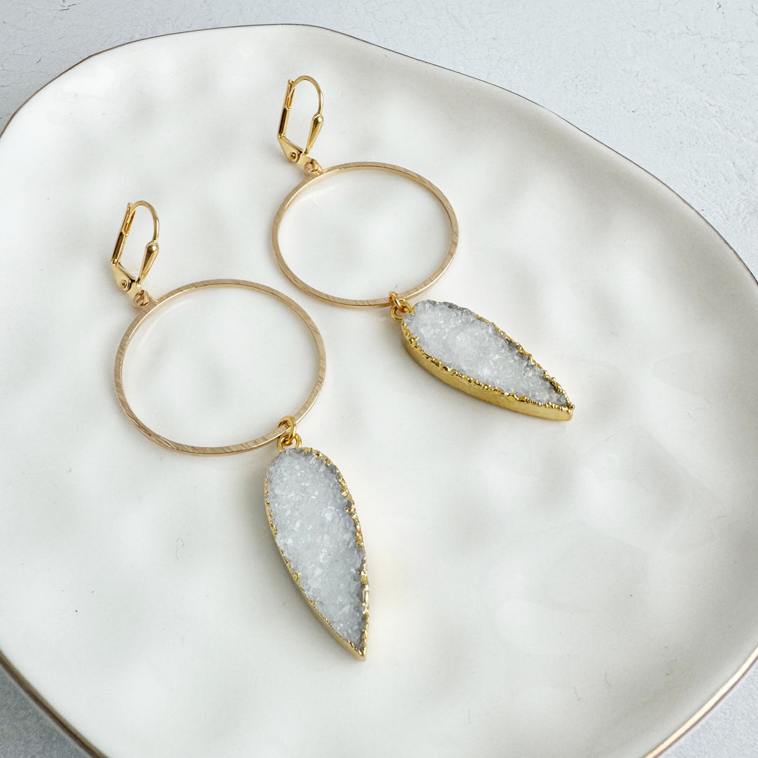 White Druzy Hoop Dangle Earrings in Gold