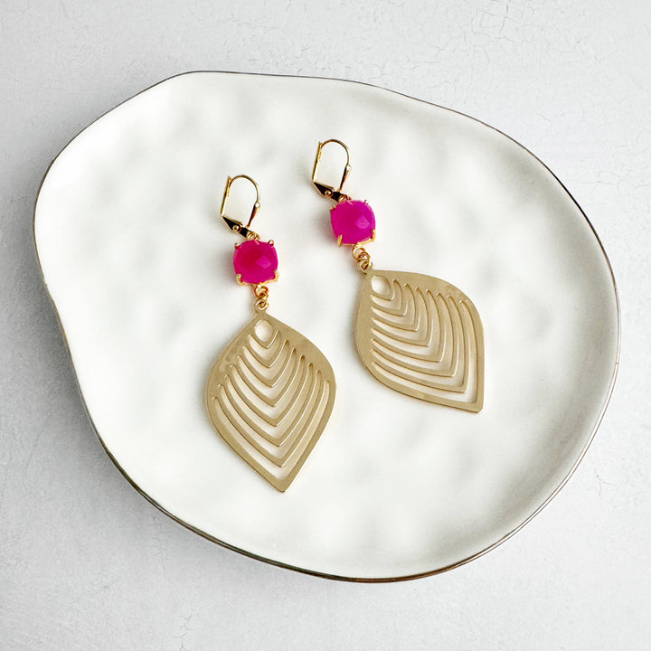 Fuchsia Chalcedony Marquise Leaf Earrings in Brushed Gold