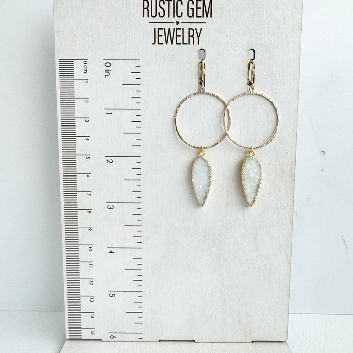 White Druzy Hoop Dangle Earrings in Gold