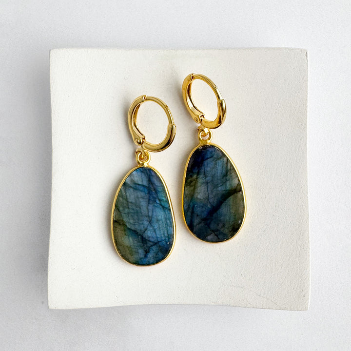 Statement Gemstone Slice Drop Earrings in Gold - Labradorite