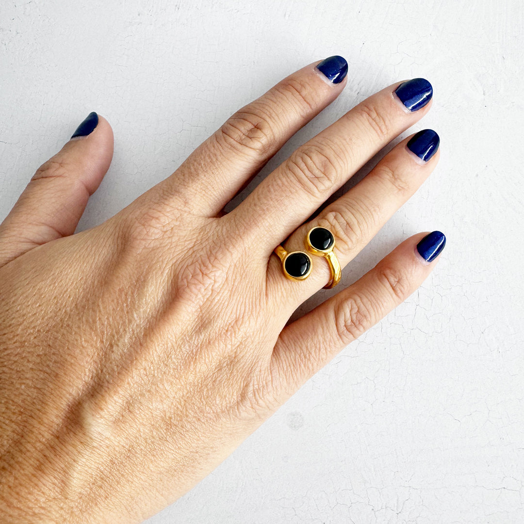 Black Onyx Double Stone Wrap Ring in Gold and Silver