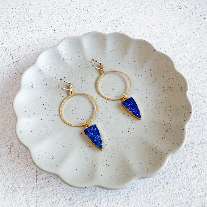 Blue Druzy Shield Hoop Dangle Earrings in Brushed Gold