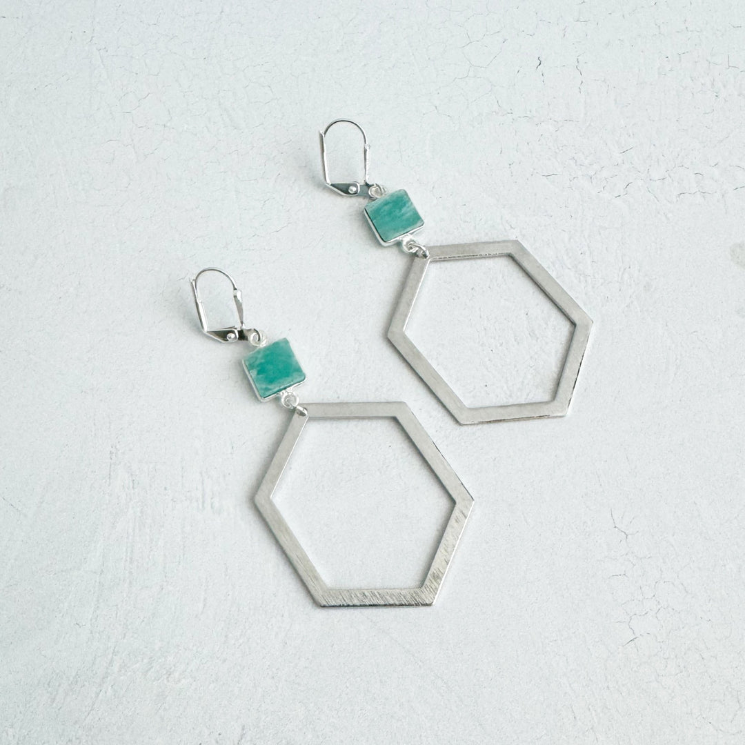 Brushed Silver Hexagon Earrings with Amazonite Stones