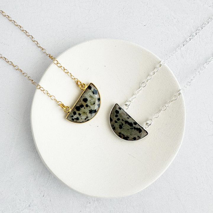 Small Dalmation Jasper Half Moon Crescent Necklace in Gold and Silver