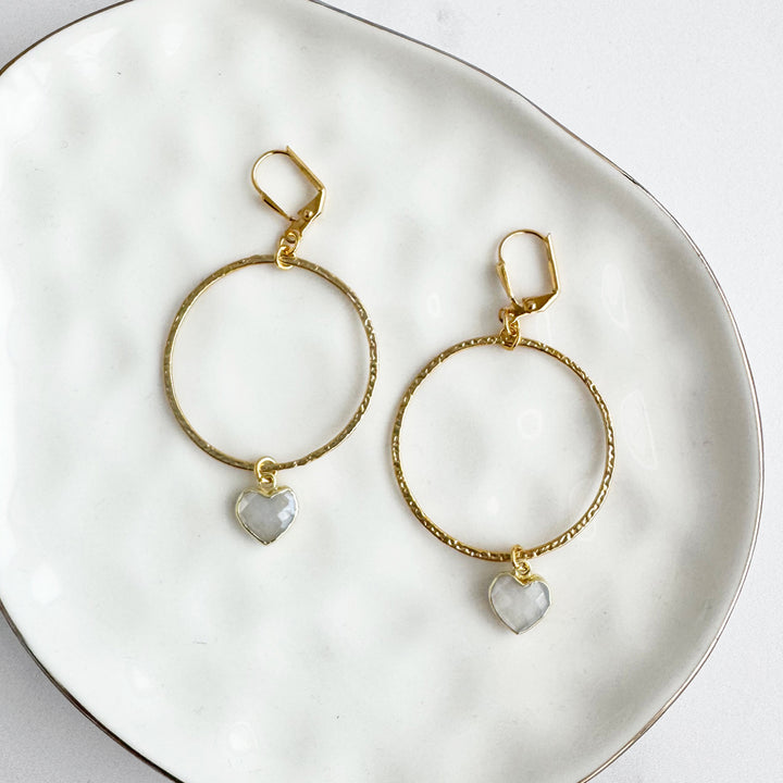 Moonstone Heart Dangle Hoop Earrings in Brushed Gold