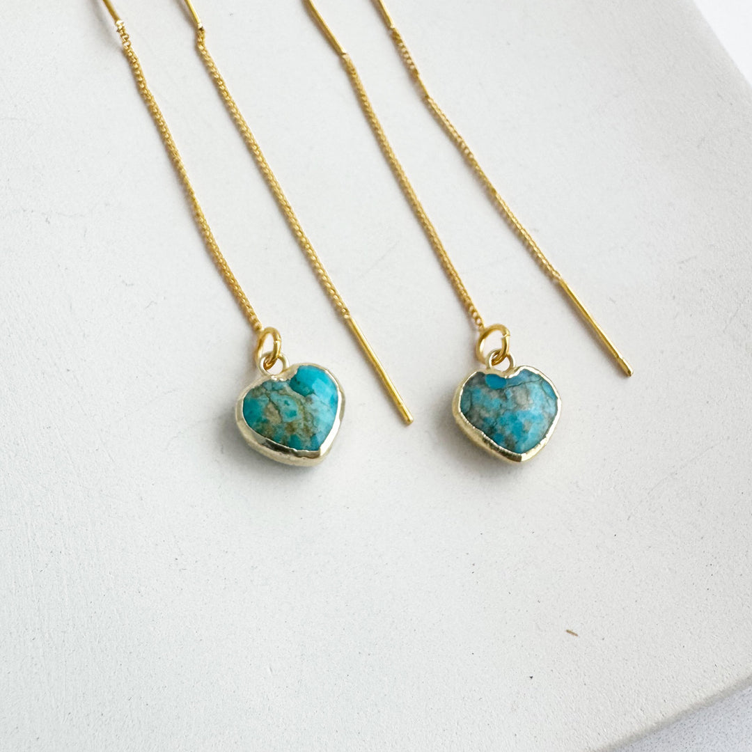 Turquoise Heart Drop Threader Earrings in Gold