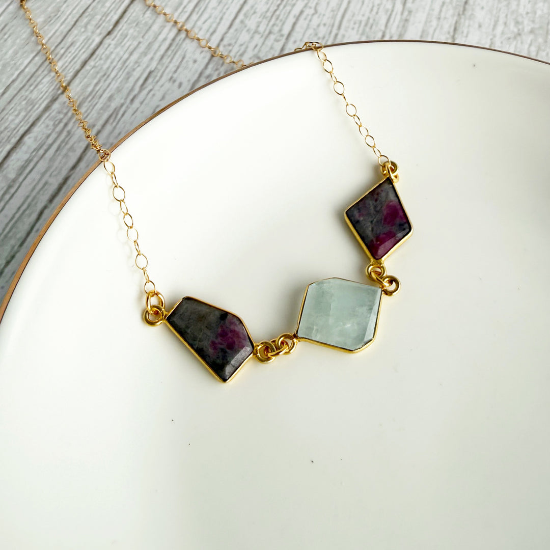Aquamarine and Ruby Zosite Freeform Gemstone Necklace