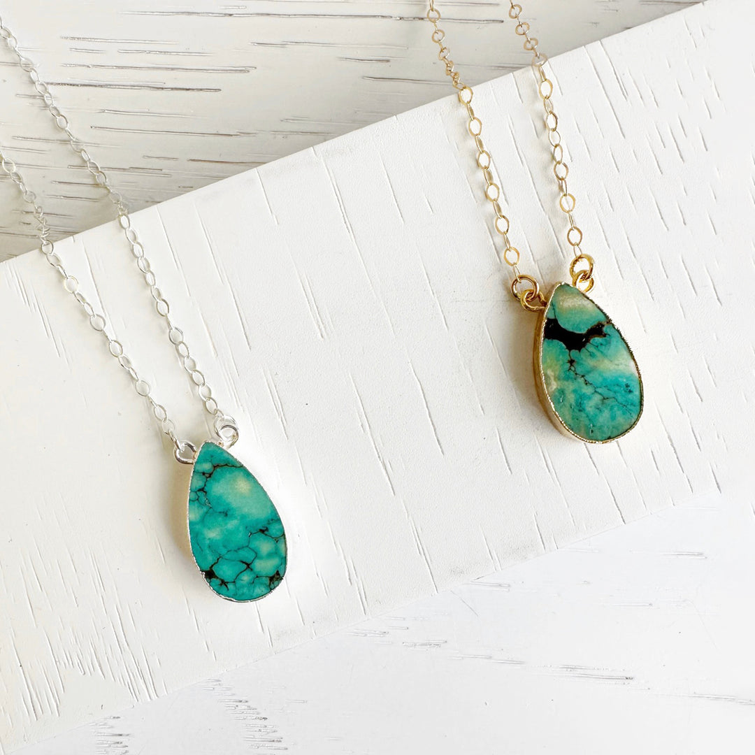 Tibetan Turquoise Teardrop Necklace in Gold Filled or Sterling Silver