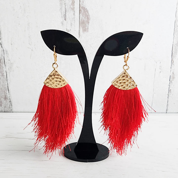 Red Marquise Tassel Earrings in Brass Gold