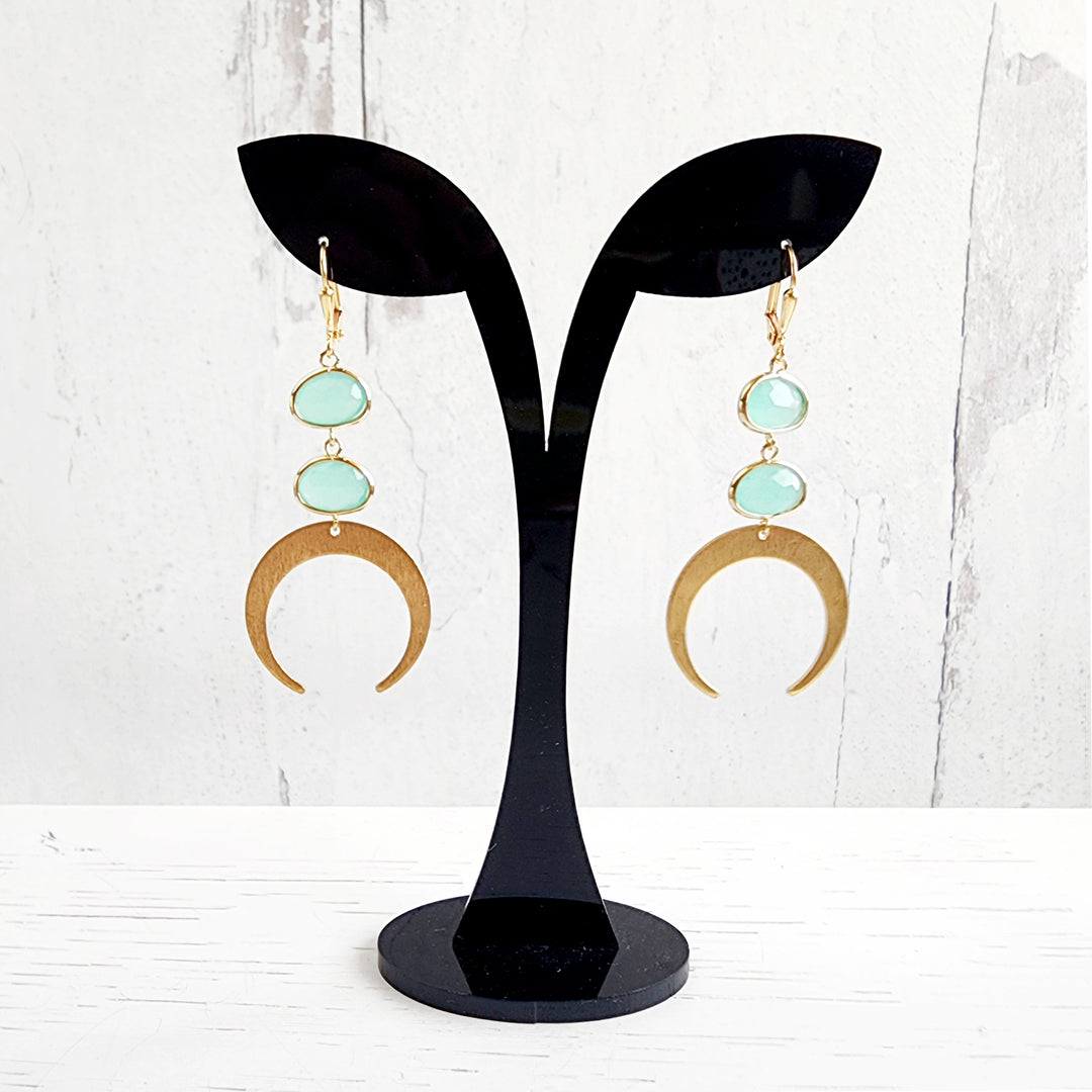 Turquoise Crescent Dangle Earrings in Brushed Brass Gold