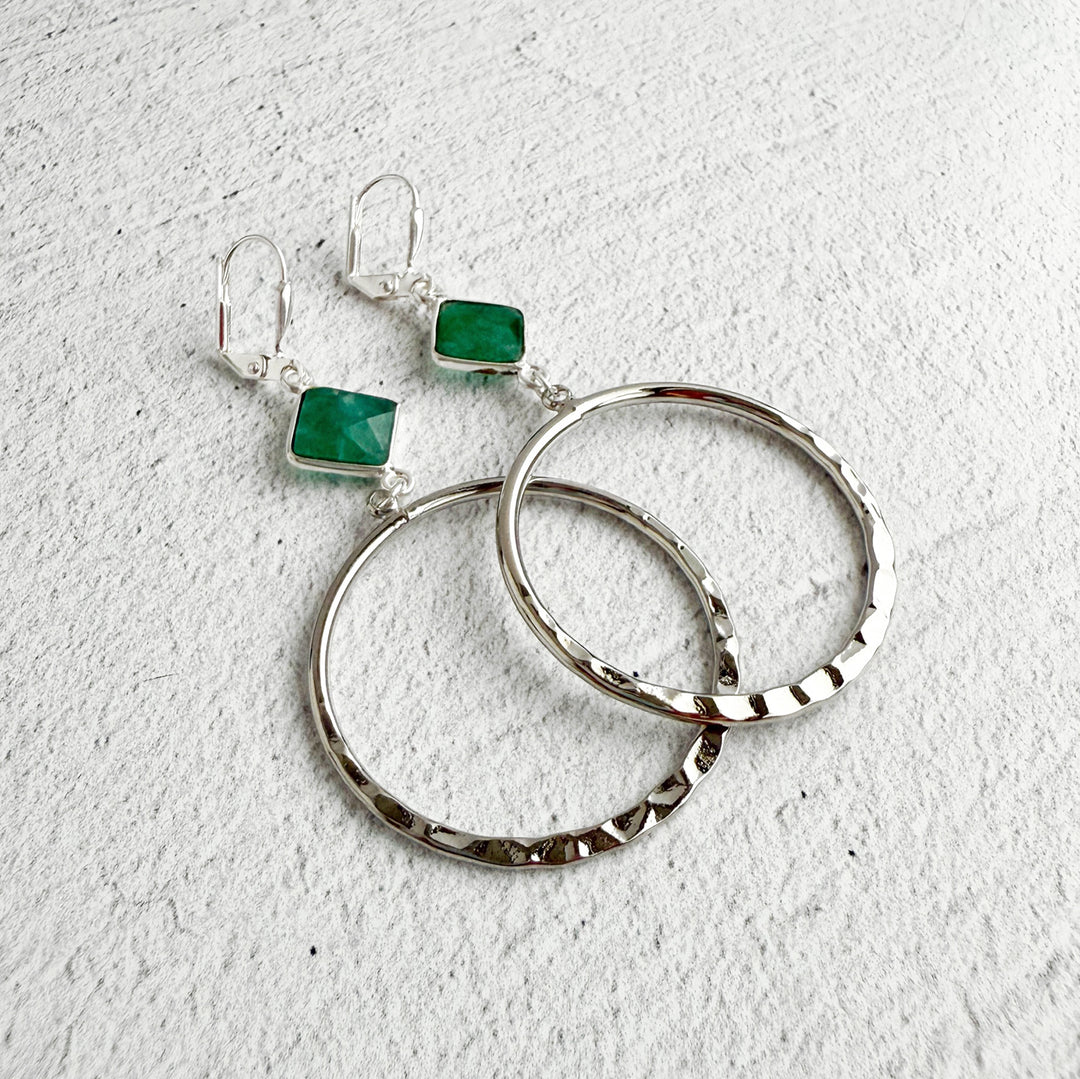 Raw Emerald Hoop Earrings in Hammered Silver