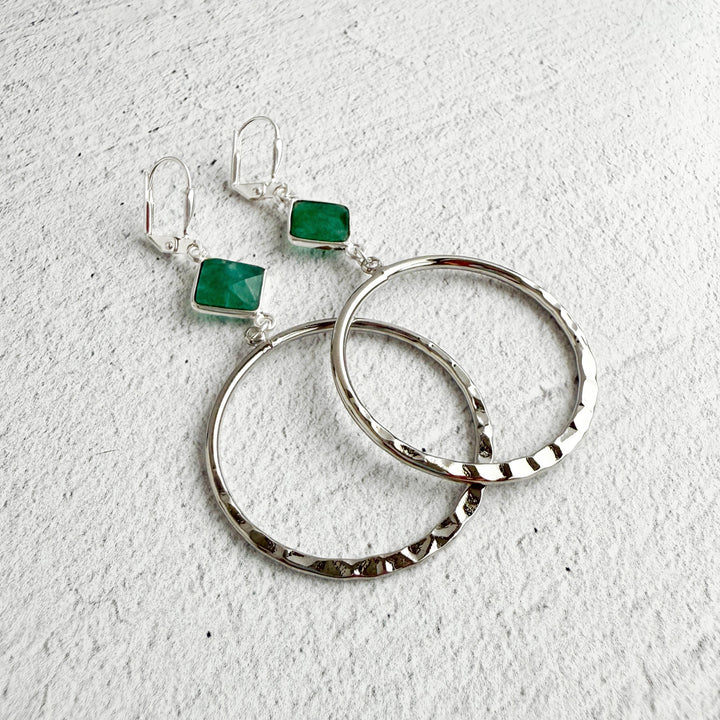 Raw Emerald Hoop Earrings in Hammered Silver