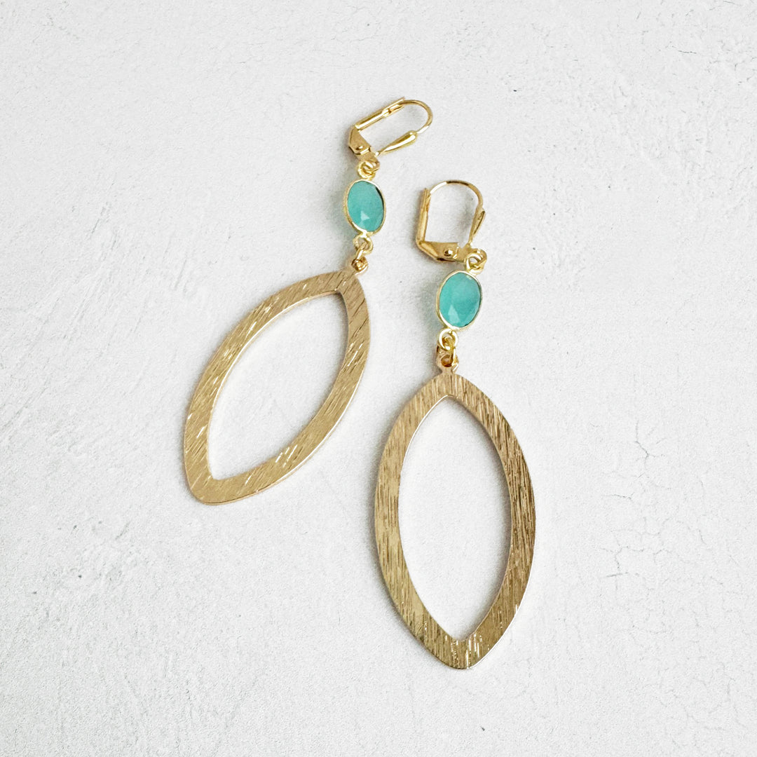 Aqua Stone Marquise Dangle Earrings in Brushed Gold