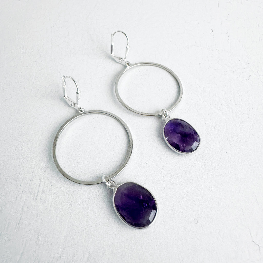 Amethyst Hoop Dangle Earrings in Brushed Silver