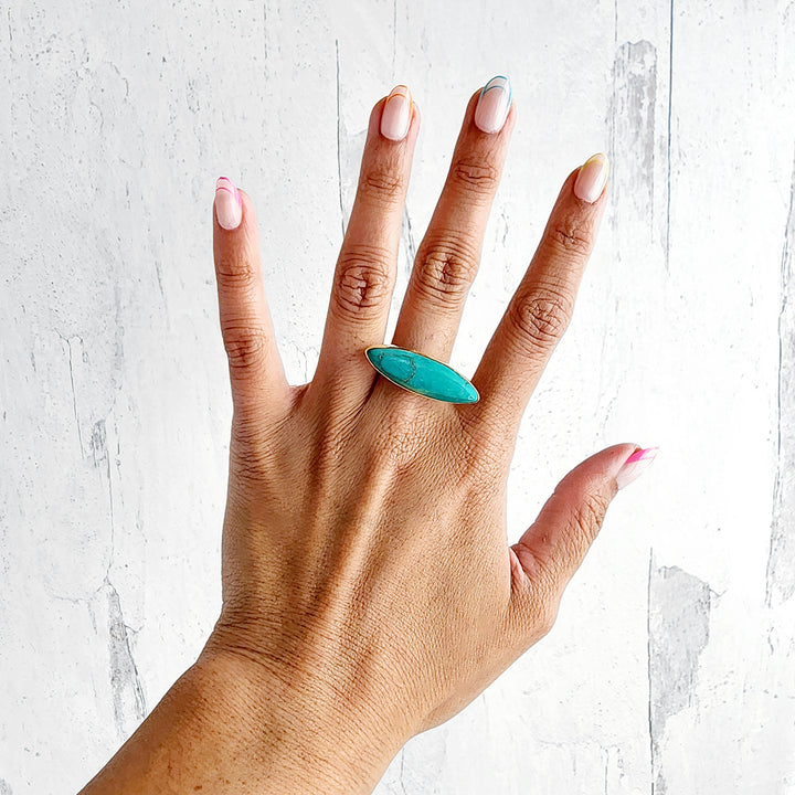 Tibetan Turquoise Horizontal Marquise Statement Ring in Gold and Silver