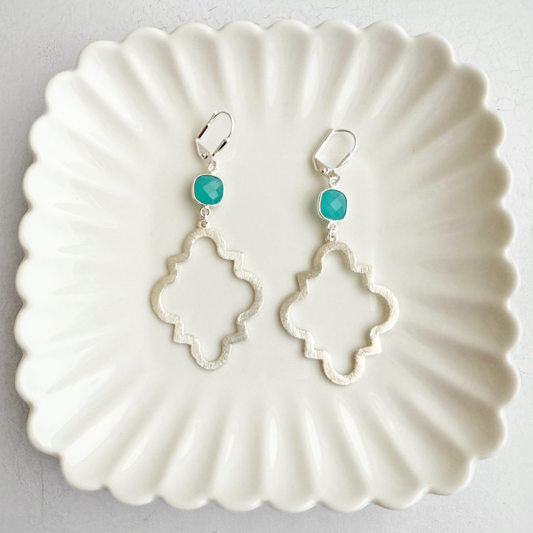 Aqua Chalcedony Quatrefoil Earrings in Brushed Silver