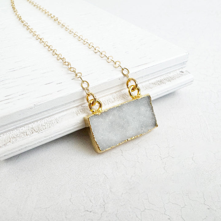 White Grey Druzy Bar Necklace in Gold and Silver