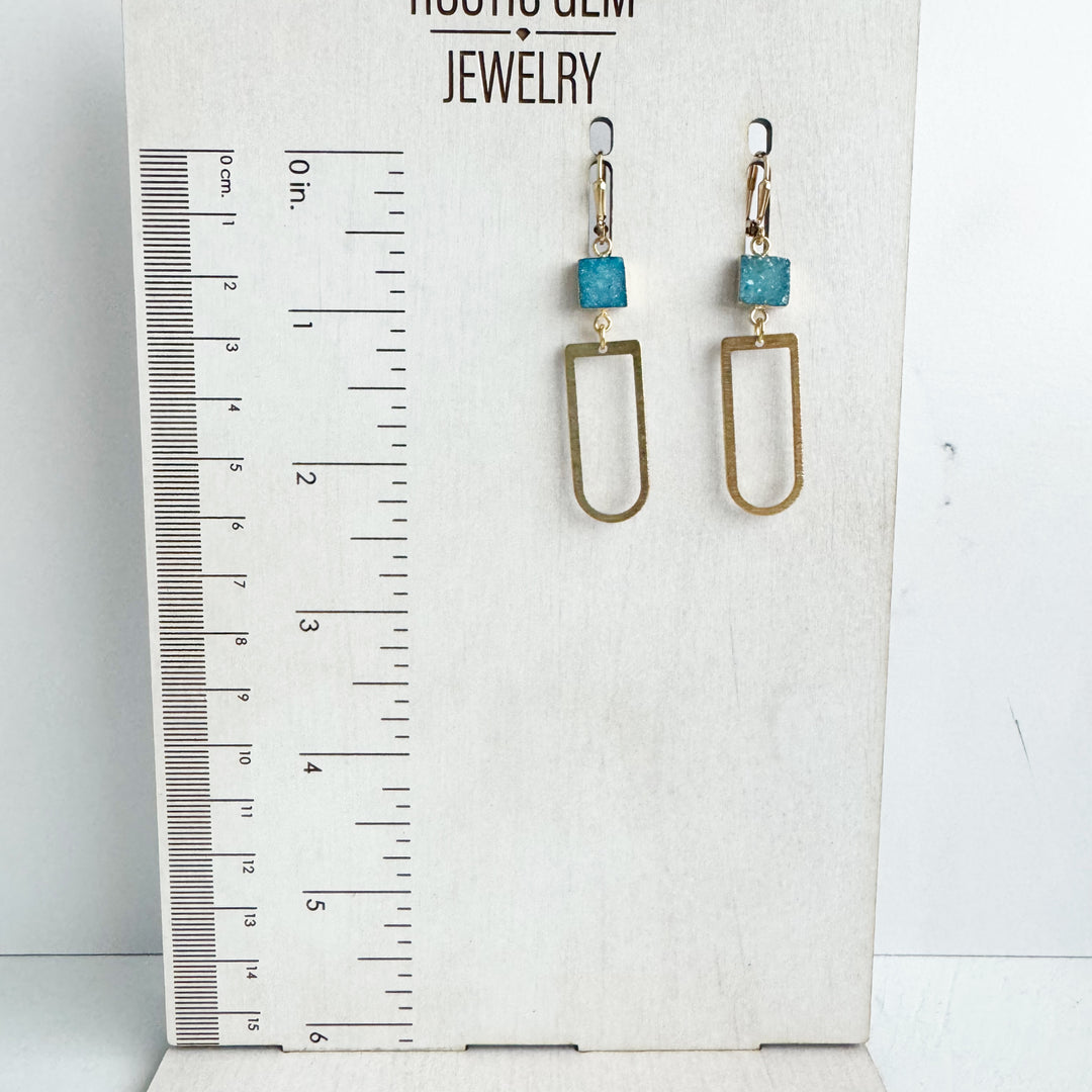 Blue Druzy and Brushed Brass Small Horseshoe Earrings