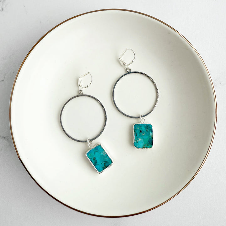 Turquoise Freeform Slice Hoop Dangle Earrings in Brushed Silver
