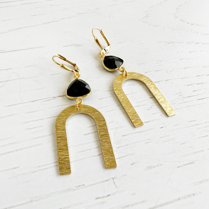 Horseshoe Dangle Earrings with Black Onyx in Brushed Brass Gold
