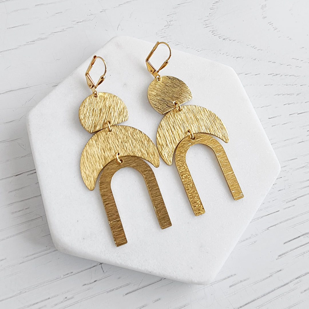 Arch and Crescent Geometric Earrings in Brushed Brass Gold