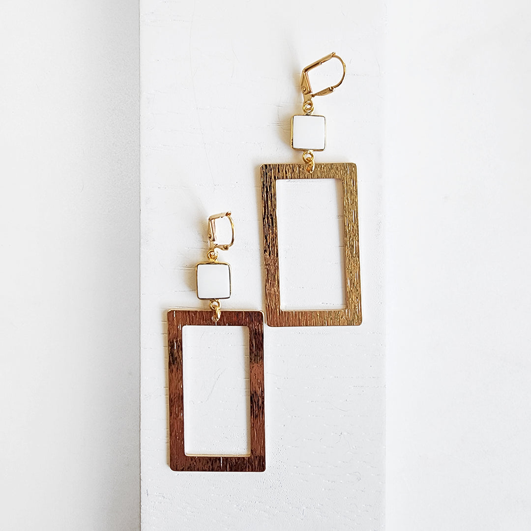 White Agate Rectangle Statement Earrings in Brushed Gold