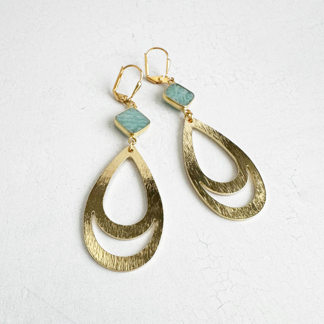 Amazonite Double Teardrop Earrings in Brushed Gold