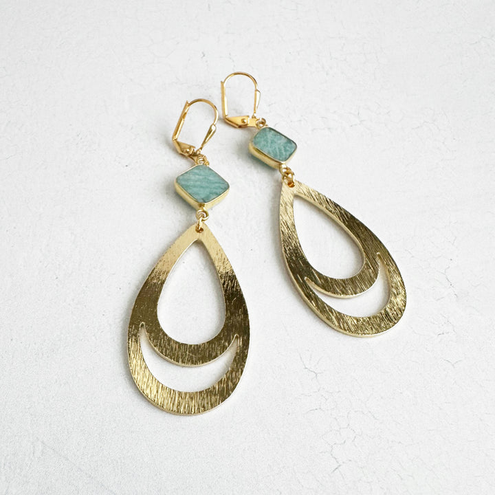 Amazonite Double Teardrop Earrings in Brushed Gold