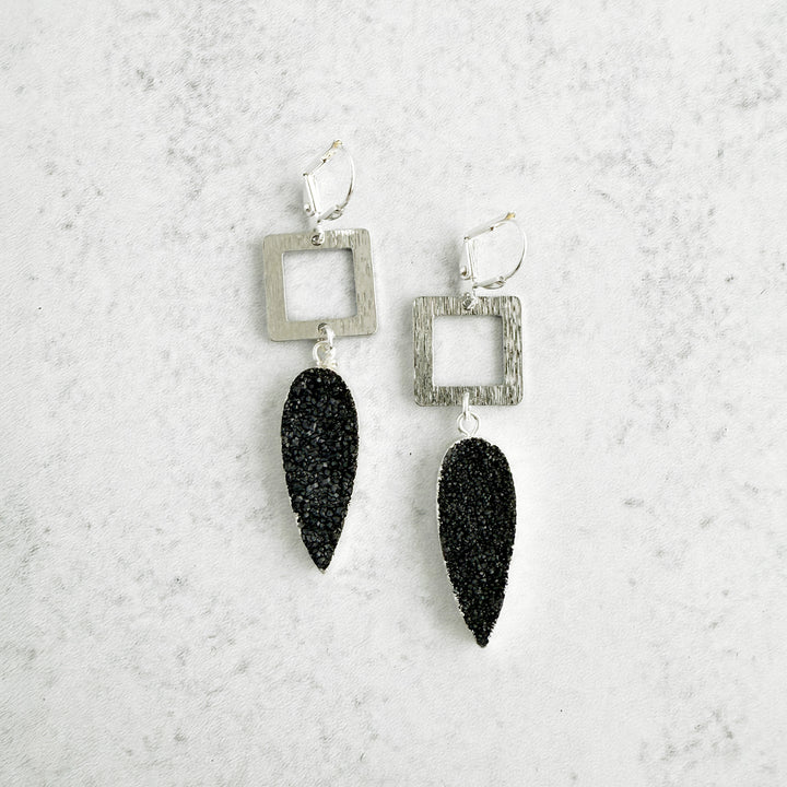Black Druzy Teardrop and Square Dangle Earrings in Brushed Silver