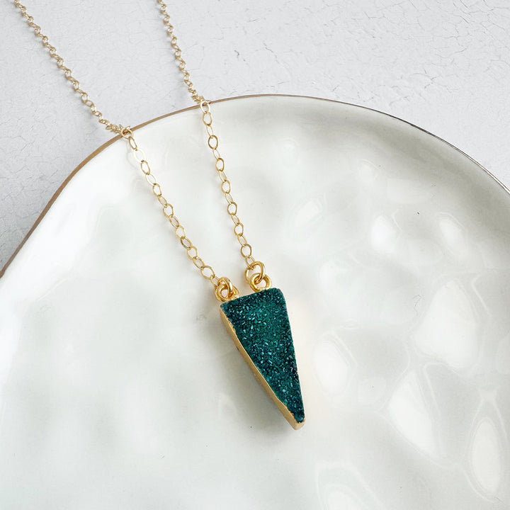 Green Druzy Triangle Necklace in Gold