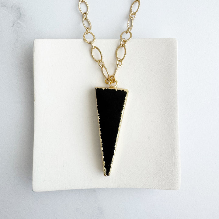 Chunky Black Onyx Elongated Triangle Statement Necklace in Gold