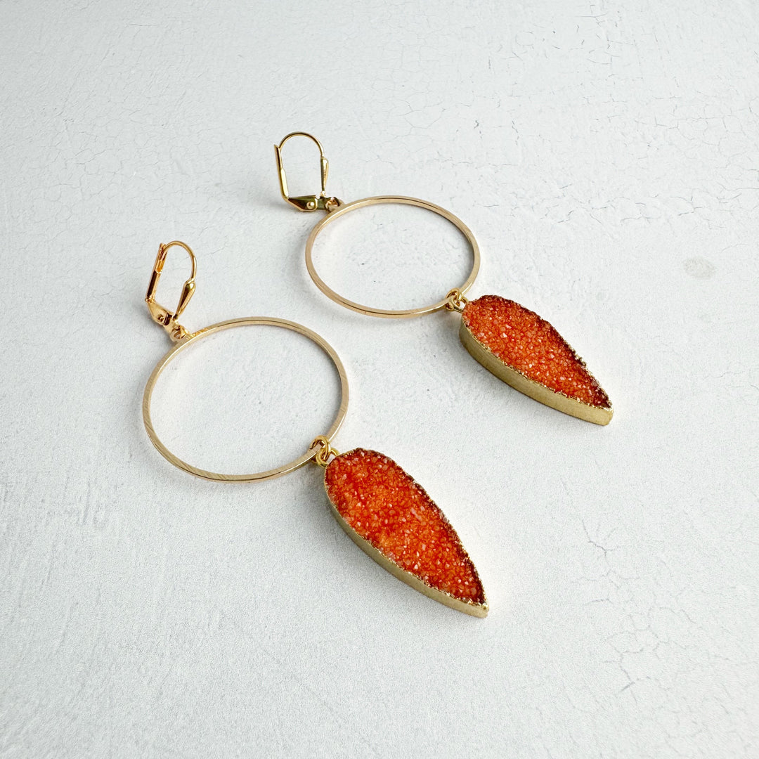 Orange Druzy Statement Hoop Earrings in Gold