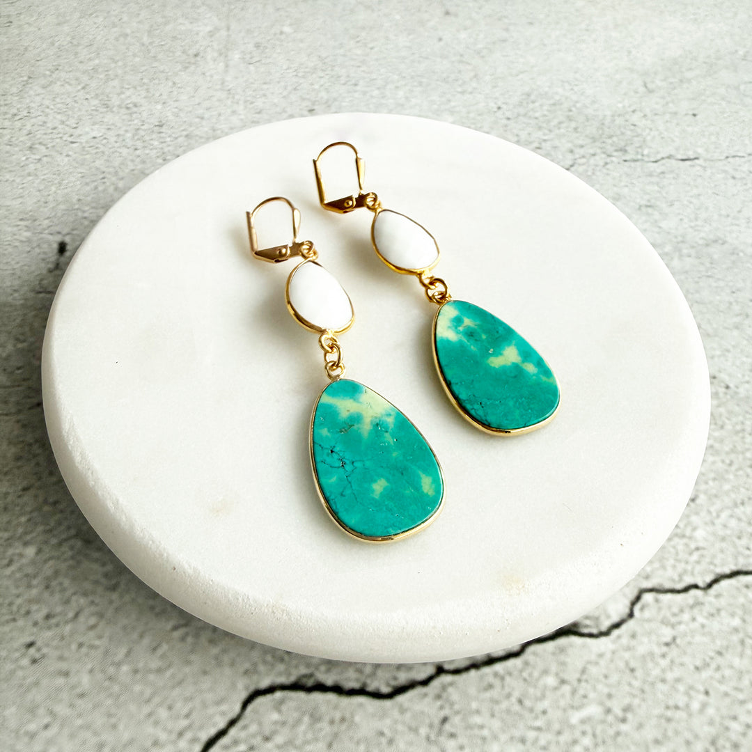 Turquoise & White Agate Stone Drop Earrings in Gold
