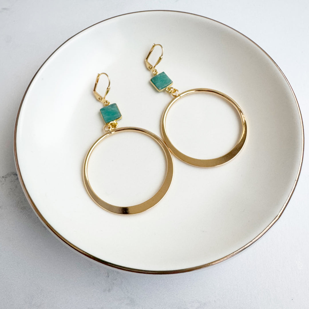 Amazonite Hoop Dangle Earrings in Gold. Statement Dangle Earrings. Gold Hoop Earrings
