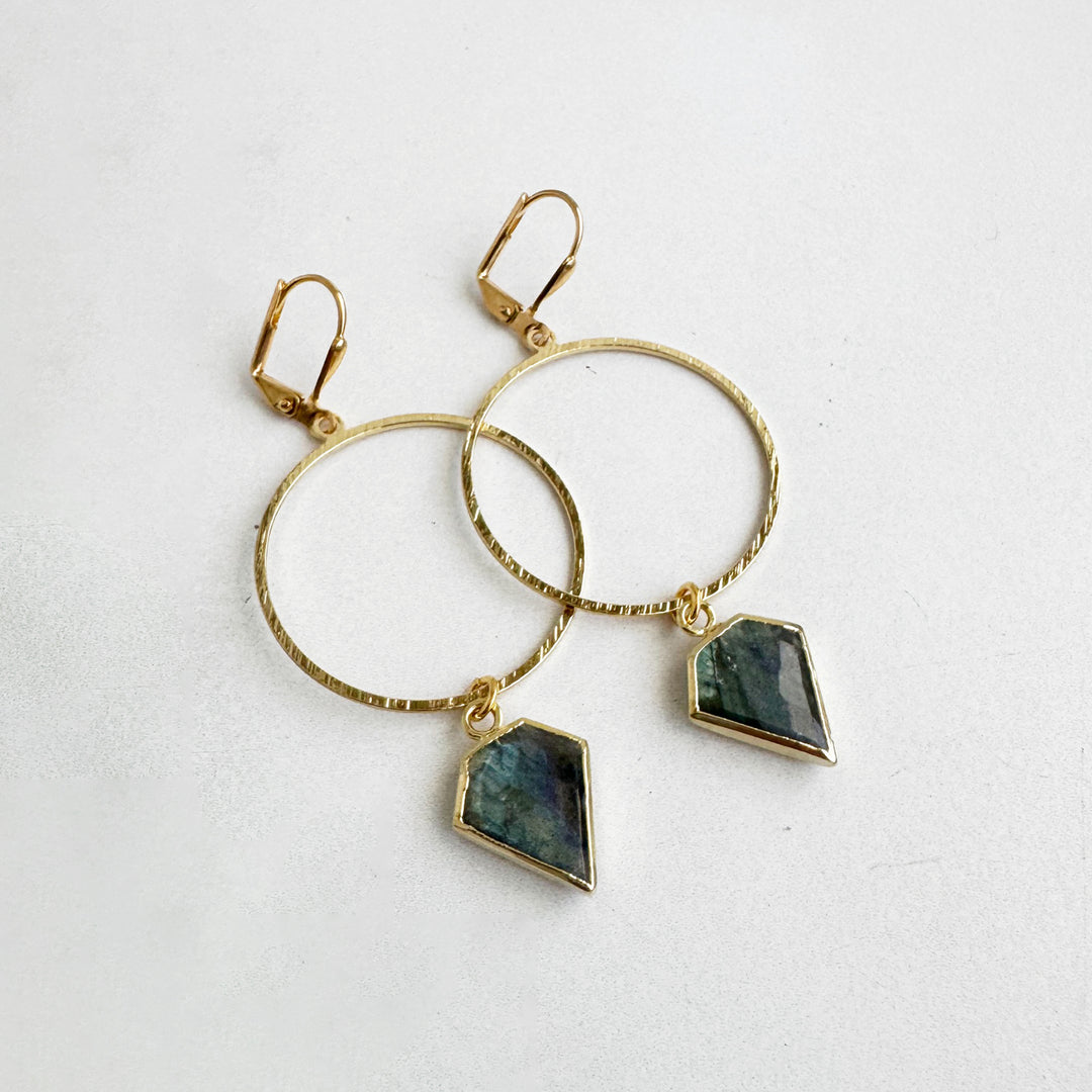 Labradorite Shield Stone Hoop Earrings in Brushed Gold