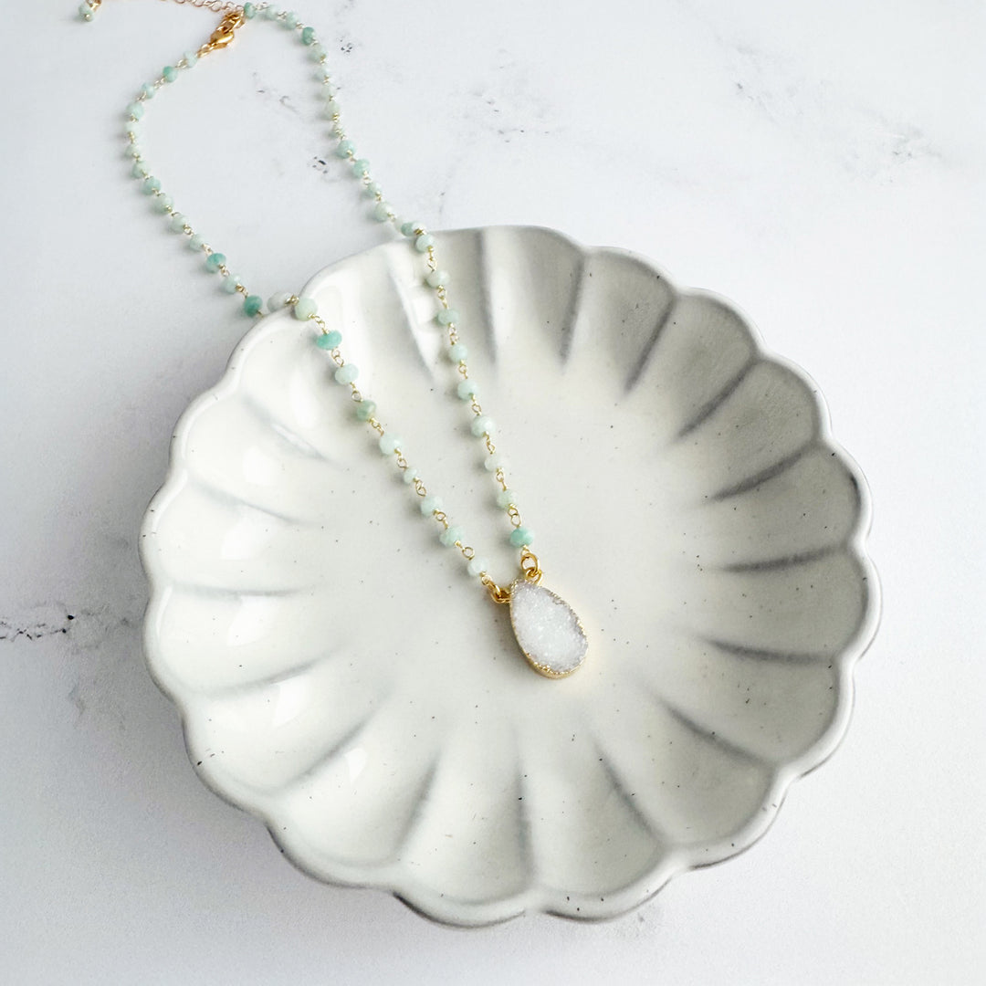 White Druzy Teardrop and Amazonite Beaded Necklace in Gold